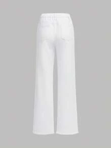 SHEIN 青少年女孩破洞毛邊直筒牛仔褲 - 白色 - 查看 2