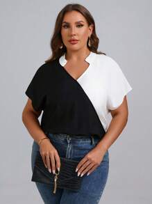 SHEIN Clasi Blusa de dos tonos de manga murciélago de cuello notch - Blanco y Negro - Ver 1