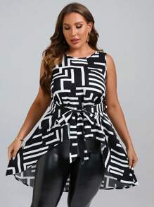 SHEIN Clasi Áo hai dây Plus Size Bất đối xứng Thắt lưng Tất cả trên in Giải trí - Đen và trắng - Xem 4