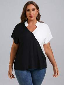 SHEIN Clasi Blusa de dos tonos de manga murciélago de cuello notch - Blanco y Negro - Ver 3