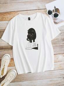 DVRKSHINES 貓和書籍印花T恤 - 白色 - 查看 1