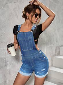 SHEIN Frenchy 破洞卷邊背帶連體短褲 - 中等水洗藍 - 查看 1