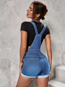 SHEIN Frenchy 破洞卷邊背帶連體短褲 - 中等水洗藍 - 查看 2