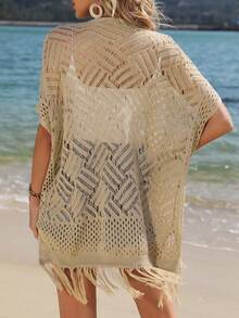 SHEIN VCAY 流蘇下擺蝙蝠袖鏤空針織開襟衫 - 杏色 - 查看 2