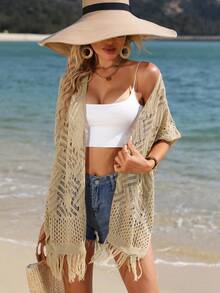 SHEIN VCAY 流蘇下擺蝙蝠袖鏤空針織開襟衫 - 杏色 - 查看 3