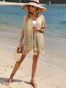 SHEIN VCAY 流蘇下擺蝙蝠袖鏤空針織開襟衫 - 杏色 - 查看 5