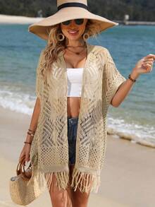 SHEIN VCAY 流蘇下擺蝙蝠袖鏤空針織開襟衫 - 杏色 - 查看 6