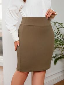 SHEIN Privé Plus High Waist Bodycon Skirt - Mocha Brown - View 3