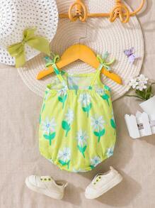 SHEIN Baby Floral Print Ruffle Trim Knot Shoulder Cami Bodysuit