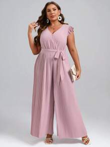 SHEIN Clasi Plus Ruffle Trim Pleated Belted Wide Leg Jumpsuit - Baby Pink - View 1