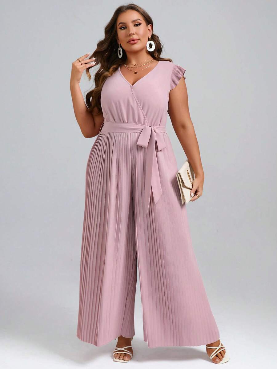 SHEIN Clasi Plus Ruffle Trim Pleated Belted Wide Leg Jumpsuit - Baby Pink - View 1