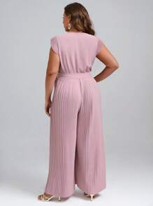 SHEIN Clasi Plus Ruffle Trim Pleated Belted Wide Leg Jumpsuit - Baby Pink - View 2