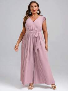 SHEIN Clasi Plus Ruffle Trim Pleated Belted Wide Leg Jumpsuit - Baby Pink - View 4