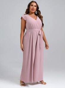SHEIN Clasi Plus Ruffle Trim Pleated Belted Wide Leg Jumpsuit - Baby Pink - View 6