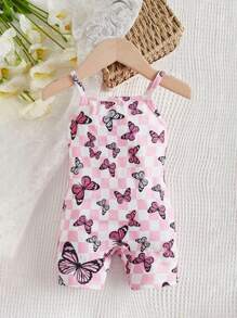 SHEIN Baby Butterfly & Checker Print Cami Romper - Multicolor - View 2