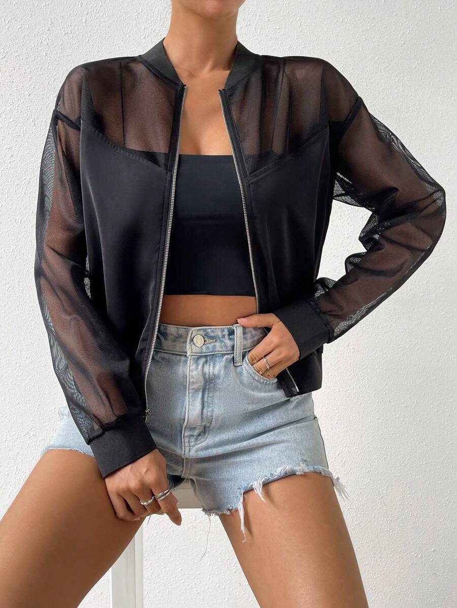 Chiquease Cazadora tipo bomber de malla en contraste de hombros caídos - Negro - Ver 1