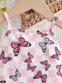 SHEIN Baby Butterfly & Checker Print Cami Romper - Multicolor - View 3