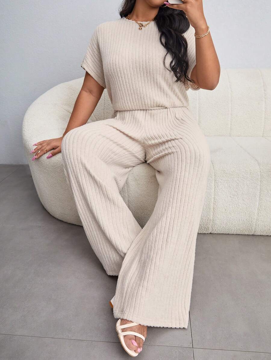 SHEIN Essnce Plus Solid Batwing Sleeve Wide Leg Jumpsuit - Apricot - View 1