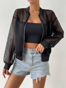 Chiquease Cazadora tipo bomber de malla en contraste de hombros caídos - Negro - Ver 4