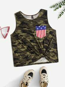 SHEIN LUNE Plus Camo Print Twist Hem Tank Top - Multicolor - View 1