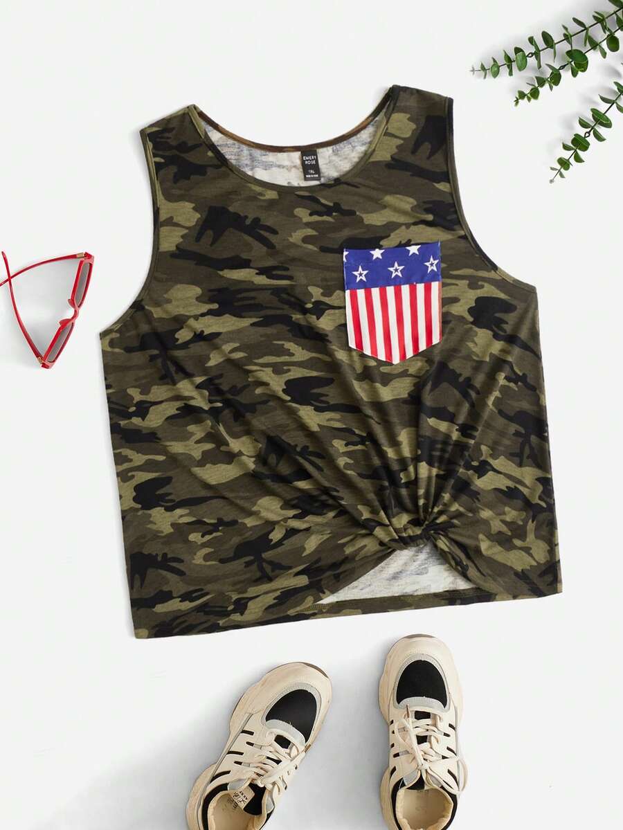 SHEIN LUNE Plus Camo Print Twist Hem Tank Top - Multicolor - View 1
