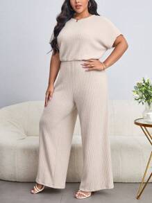 SHEIN Essnce Plus Solid Batwing Sleeve Wide Leg Jumpsuit - Apricot - View 4