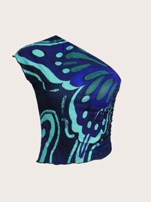 SHEIN ICON Allover Print One Shoulder Lettuce Trim Crop Tee - Multicolor - View 1