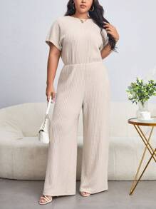 SHEIN Essnce Plus Solid Batwing Sleeve Wide Leg Jumpsuit - Apricot - View 5