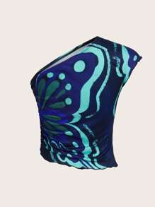 SHEIN ICON Allover Print One Shoulder Lettuce Trim Crop Tee - Multicolor - View 2