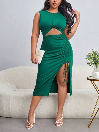 SHEIN Privé 大碼鏤空前抽繩高衩連衣裙