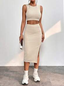 SHEIN PETITE Bộ đồ hai mảnh nữ Tách cao màu trơn Giải trí - Màu be - Xem 3