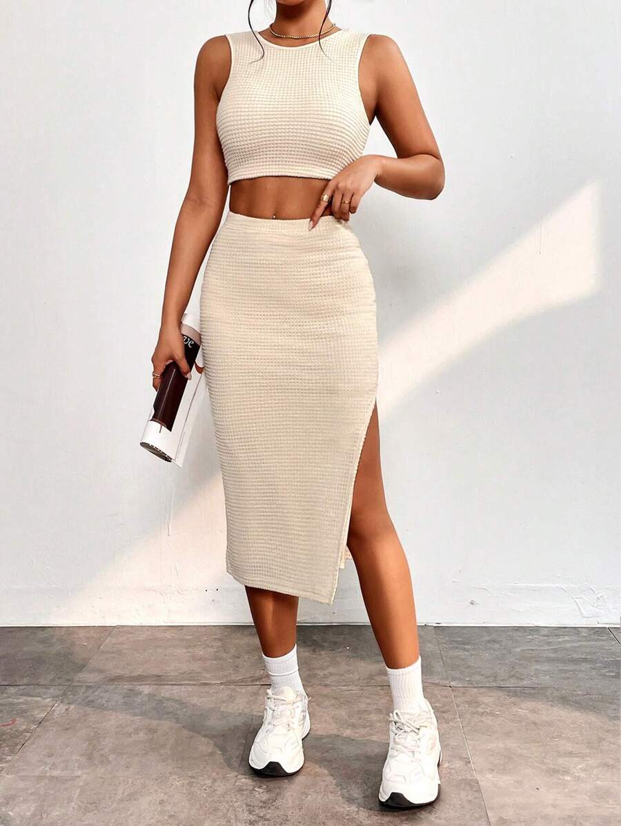 SHEIN PETITE Bộ đồ hai mảnh nữ Tách cao màu trơn Giải trí - Màu be - Xem 1