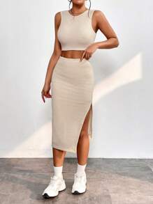 SHEIN PETITE Bộ đồ hai mảnh nữ Tách cao màu trơn Giải trí - Màu be - Xem 4
