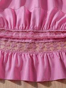 SHEIN 女孩拼接蕾絲邊荷葉邊打攬洋裝 - 玫紅色 - 查看 6