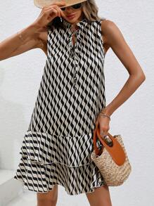 Breezaya Đầm Viên lá sen phân lớp Thắt nơ trước Tất cả trên in Dễ thương - Màu Khaki - Xem 1