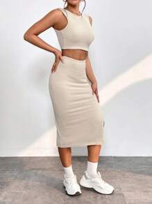 SHEIN PETITE Bộ đồ hai mảnh nữ Tách cao màu trơn Giải trí - Màu be - Xem 5