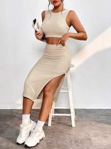 SHEIN PETITE Bộ đồ hai mảnh nữ Tách cao màu trơn Giải trí - Màu be - Xem 6