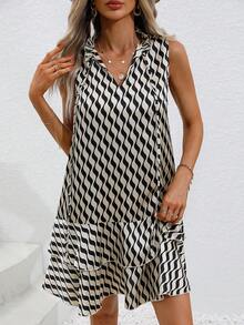 Breezaya Đầm Viên lá sen phân lớp Thắt nơ trước Tất cả trên in Dễ thương - Màu Khaki - Xem 7