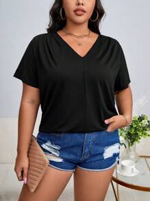 SHEIN Essnce Plus Solid V Neck Tee - Black - View 1