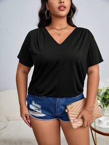 SHEIN Essnce Plus Solid V Neck Tee - Black - View 5