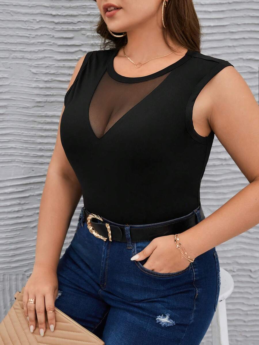 SHEIN Privé Kích thước lớn Lưới tương phản Đàn hồi cao Giảm béo Áo ba lỗ - màu đen - Xem 1