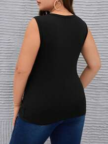 SHEIN Privé Kích thước lớn Lưới tương phản Đàn hồi cao Giảm béo Áo ba lỗ - màu đen - Xem 2