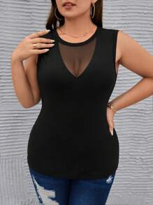 SHEIN Privé Kích thước lớn Lưới tương phản Đàn hồi cao Giảm béo Áo ba lỗ - màu đen - Xem 3