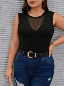 SHEIN Privé Kích thước lớn Lưới tương phản Đàn hồi cao Giảm béo Áo ba lỗ - màu đen - Xem 5