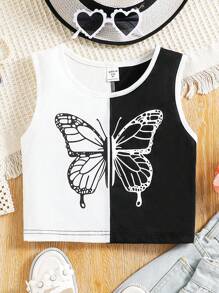SHEIN 女孩蝴蝶圖案雙色背心上衣 - 黑與白 - 查看 1