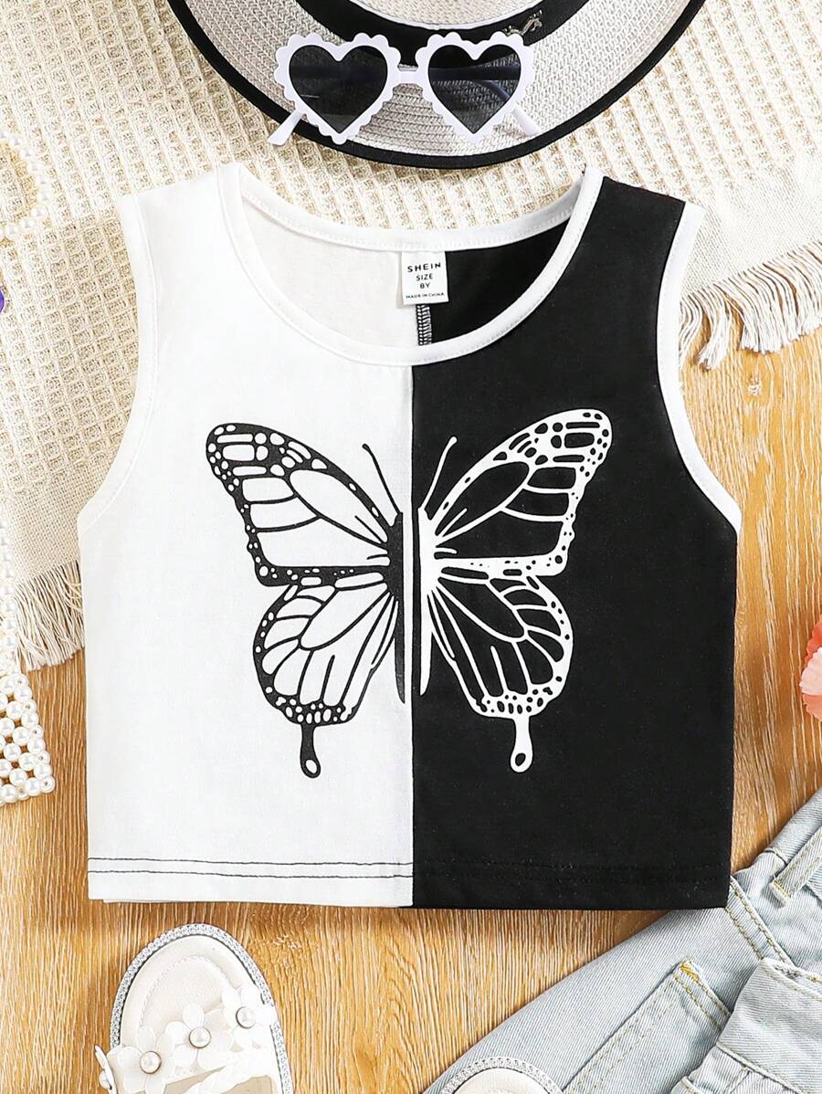 SHEIN 女孩蝴蝶圖案雙色背心上衣 - 黑與白 - 查看 1