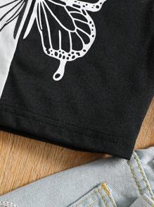 SHEIN 女孩蝴蝶圖案雙色背心上衣 - 黑與白 - 查看 3