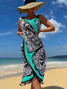 Swim Lushoire Floral Print Tassel Trim Wrap Hem Cover Up Dress,Summer Beach - Multicolor - View 1