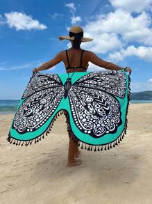 Swim Lushoire Floral Print Tassel Trim Wrap Hem Cover Up Dress,Summer Beach - Multicolor - View 2