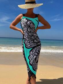 Swim Lushoire Floral Print Tassel Trim Wrap Hem Cover Up Dress,Summer Beach - Multicolor - View 8